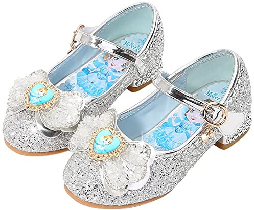 YOGLY Mädchen ELSA Prinzessin Schuhe Cosplay Eiskönigin Weihnachten Karneval Geburtstag Neujahr Kostüm Zubehör Weich Blau Rosa Silber Pailletten Kristall Hohe Absätze für Kinder Halloween Party