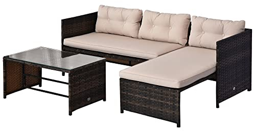 Outsunny Ensemble Salon de Jardin 2 pièces de 4 canapés d'angle + Table Basse avec Plateau en Verre trempé + 5 Coussins tressés en résine Marron