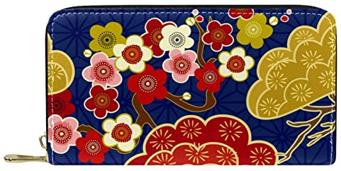 Leder Zip Lange Geldbörse orientalisch Kirsche Zephyr Blume Geldbörse Leder, Mehrfarbig, 20.5x2.5x11.5cm/8.07x1x4.53 in, Classic