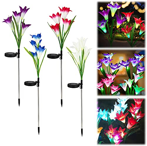 Lotvic Solarlampen für Außen Garten, 4 Stück Lilie Solar Blume Lichter mit Farbwechselnder LED-Lilie, IP65 Wasserdichte Solarblumenlampen für Garten Rasen, Wege, Hof Dekoration
