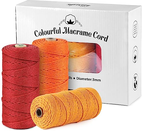 Makramee Garn 3er Set,ilauke Weiche Baumwollgarn Baumwollschnur Makramee 3mm für DIY Projekte - 3 x 100m Baumwolle Baumwollkordel zum Makramee Wandbehang, Traumfänger, Blumenampel,Golden+Orange+Rot