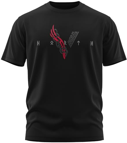 NØRTH Legendary Herren T-Shirt - Wikinger V - Viking Schrift Brust Aufdruck, nordische Wikinger Walhalla Geschenke für Männer, Odin Thor Valhalla Viking Shirt, Größe:5XL, Farbe:Blutrot