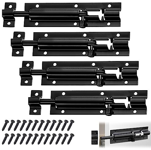 Door Security Slid Latch Lock, 6 Inch Black Door Lock Bolt, Barrel Bolt Stainless Steel Sliding, Door Latch Lock with Screws, Heavy Duty Door Security Bolts for Home Yard Garden(4 Pack)