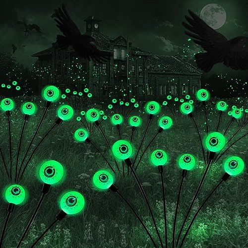 BomKra Halloween Decorations Outdoor Solar Scary Eyeball Lights,2PACKS 12LED Green Eyeball Swaying Firefly Lights,Waterproof Solar Halloween Path Lights for Yard/Garden/Lawn/Party Decor