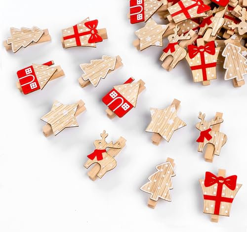 ilauke 60 Stück Dekoklammern Weihnachten, 5 Patterns Weihnachten Holz Clips, Weihnachten Wäscheklammern, Mini Holzklammern Weihnachten mit 10M Hanfseil für DIY Foto Klammern,Weihnachts Dekoration