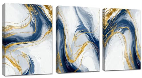 3 Pcs Or Fluide Bleu Blanc Tableau Décoration Murale Salon Abstrait Peintures Impression sur Toile Image sur Toile Peintures sur Toile Décoration Murale pour Chambre Maison Bain 40x60cmx3pcs