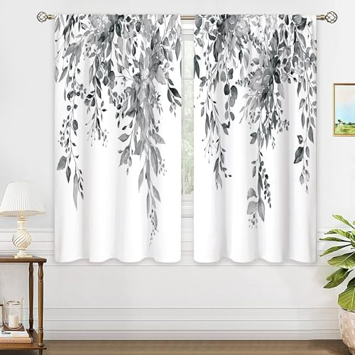 oolygoo Grauer Eukalyptus, botanische Blätter, Blumenfenstervorhänge, Aquarell, Schwarz-Weiß, Blume, Pflanze, Wildblume, Bauernhaus-Vorhang, Kräutervorhänge für Schlafzimmer, Wohnzimmer, Behandlung,