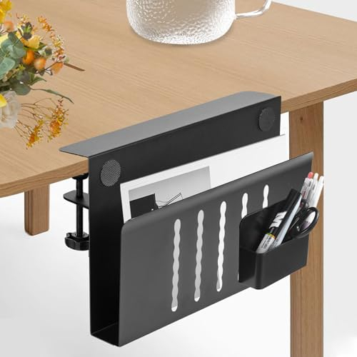 Domigard Schreibtisch-Seitenaufbewahrung, Double Layer Desk Side Storage mit Magnetischem Stifthalter - Aufhängbarer Laptop-Organizer aus Stahl, Platzsparend für Büro & Zuhause, Bohrfrei (Schwarz)