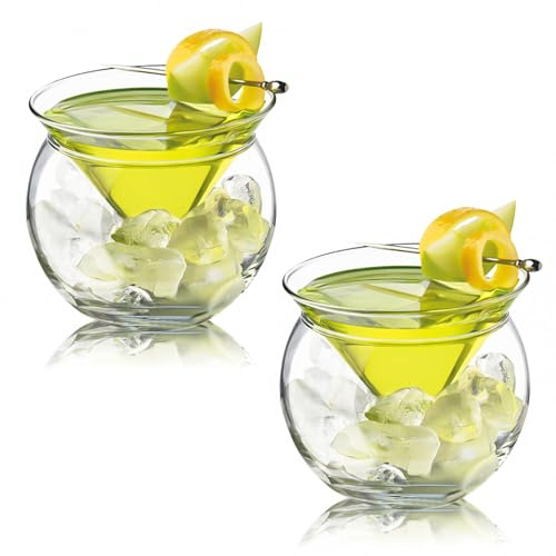 MLKLDOU Martini Champagne Glasses,Cocktail Chiller Cups,Interlayer Triangle Cocktail Iced Crystal Wine Glass,Fruit Serving Bowl Glass Salad Bowl Serving Dish with Ice Holder Set of 2 (CUPS01, M)