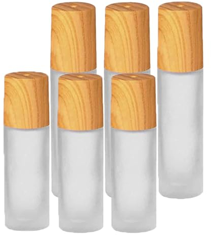 LEEQ 6 Piezas Botellas Roll On de Cristal - para Aceites Esenciales con Roll-on Bola de Acero Inoxidable y Tapa de Bambú Imitación para Perfume Aromaterapia Aceite Esencial Fragancias
