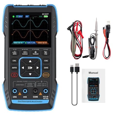 DEWIN Oscilloscopio 2C23T,Multimetro Oscilloscopio 3 in 1 Oscilloscopio Digitale 2ch Oscilloscopio Portatile USB Multimetro,2 Canali 10 MHz Frequenza di Campionamento 50/9999 Conteggi