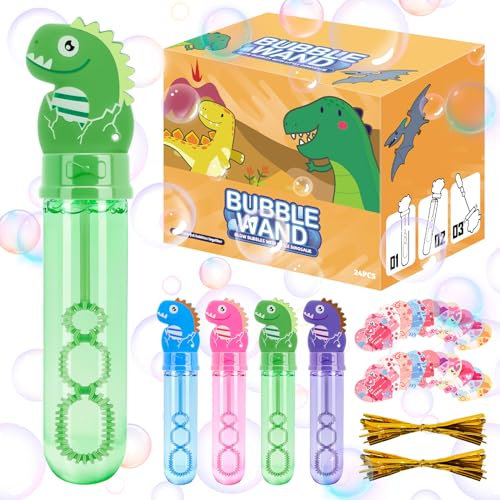 Anstore 24 Stück Seifenblasen Set Kinder, 30ml Dinosaurier Seifenblasen Stäbe Spielzeug mit Liebe Karte Geeignet, Cartoon Bubble Sticks Geschenke für Geburtstag Hochzeit Garten Party(24 Geschenkkarte)