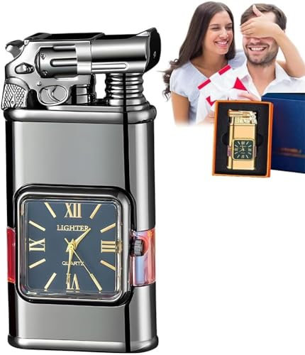 2024 Vatergeschenke Vintage-Uhrenlünette Jet Flame Torch 2-in-1-aufblasbares Feuerzeug mit elektrischer Uhr Coole Doppelflammen-Feuerzeuguhr für Herren Vintage-Feuerzeug Nachfüllbare Butan-Gasfeuerzeu