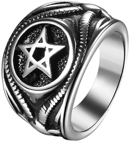 JewelryWe Pentagramm Ring Herren Siegelring: Edelstahl Satanischer Herren-Ring Pentagram mit Ziegenkopf Baphomet Ziege Kopf Punk Gothic Fingerring Bandring Satan Amulett Schmuck Geschenk Größe 62