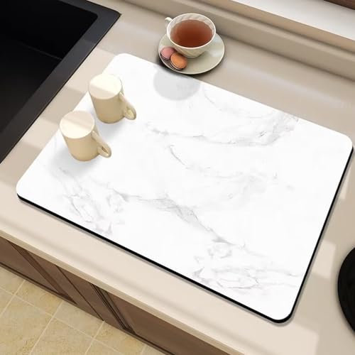 WLHFDC Kaffeemaschine Abtropfmatte,50x40 cm Unterlage Kaffeemaschine Matte,Schnelltrocknend Abtropfmatte Geschirr,Spüle Abtropfmatte Spülmatte Super Saugfähige Rutschfest für Küche,Bad(weißer Marmor)