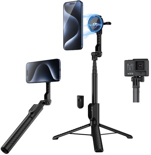 KIWIFOTOS Treppiede magnetico per iPhone MagSafe Selfie Stick per iPhone 16 15 14 Pro Max con telecomando staccabile per viaggio Selfie Vlogging Video Portatile Smartphone Treppiede