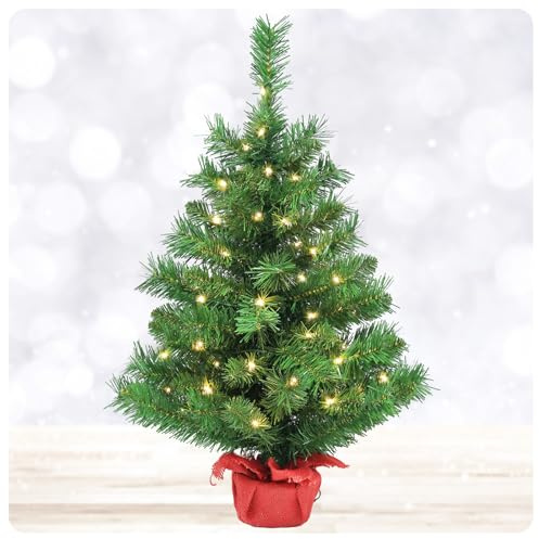 Gfilay Vorbeleuchteter Tisch-Weihnachtsbaum mit 35 LED-Lichtern, 60 cm | Batteriebetriebener Mini-Weihnachtsbaum mit Timer, Jute-Basis und biegbaren PVC-Zweigen für Tisch, Wohnungsdekoration
