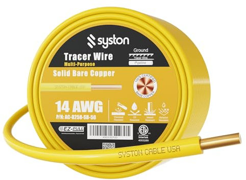 SYSTON CABLE TECHNOLOGY 14 AWG Tracer Wire 600V Sunlight Resistant, 1 Solid Copper Conductor Direct Burial Underground Tracer Wire, for Locating Underground Gas Pipelines - 100 FT, Yellow
