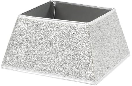 Christmas Village Glitter Square Christmas Tree Skirt 48x48cm – Easy Velcro Assembly, Fits Tree Stands up to 46x46cm, Lightweight & Durable Holiday Decoration (Silver)