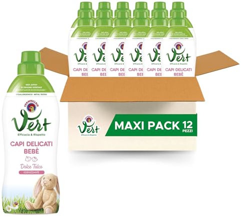 Vert di Chanteclair - Ecodetergente per Capi Delicati Bebè, Dolce Talco, Igienizzante, Ipoallergenico, Metal tested, 100% Attivi di Origine Vegetale - 12 flaconi da 750 ml