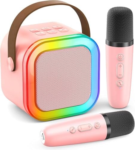 Karaoke Machine for Kids Adults, Mini Portable Bluetooth Speaker with 2 Wireless Microphones, Machines Karaoke with Voice Changing Effects & LED Lights, Best Gifts Toys for Girls and Boys (Pink)