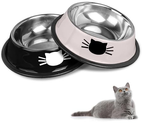 Juego de cuencos para gatos, cuencos antideslizantes de acero inoxidable, comederos para gatos, bebederos para gatos, cuencos para gatos y bebederos para mascotas (negro + gris)