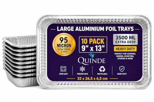 QUINDE Large Foil Trays – Pack of 10 – Heavy Duty 3500ml Aluminium Containers (9×13), Deep Roasting, Baking & Cooking Turkey Trays, Disposable Catering Food Containers (Without LIDS)