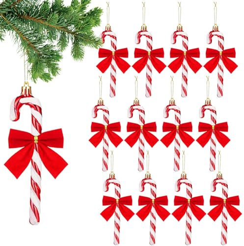 24 Stücke Weihnachtsdeko Zuckerstangen mit Schleifen, Roter Weihnachtsbaumschmuck Anhänger Set für Türen und Christbaum, Festliche Deko mit 12 Stangen + 12 Schleifen