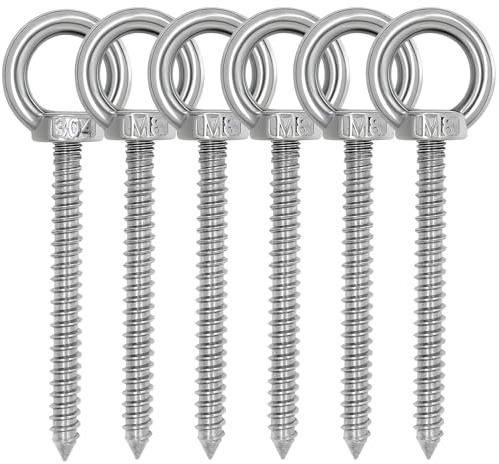 Lot de 6 vis à œillets autotaraudeuses en acier inoxydable Heavy Duty M8 | Vis à œillet - Filetage en bois - Crochet à œillets robuste pour hamac, chaise à bascule, auvent, câble