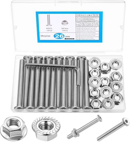 26 Pcs M8 Screw Set, Flat Head Hex Socket Screws M8 x 70 mm, Stainless Steel Bolts and Nuts Kit, Fully Threaded Machine Screws, Flange Nut Set with Hex Key for Furniture, Workshop