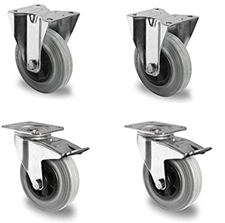 Rollensatz 2 Lenkrollen mit Feststeller + 2 Bockrollen 200 mm Vollgummi grau