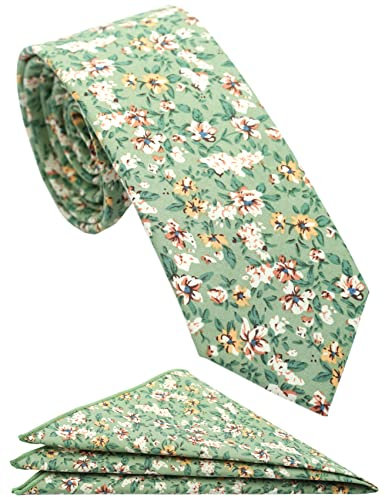 ZENXUS Herren-Krawatte-Set mit Blumen-Einstecktuch, 6,3 cm, Baumwolle, handgefertigt, jadegrün, Dünn