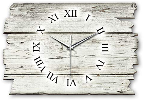 Kreative Feder Designer Wanduhr Holz-Design weiß aus Holz Größe 40x27cm - Wanduhr im Landhaus-Stil Shabby-Style Made in Germany leise ohne Ticken (Holz-Design weiß, leises Funkuhrwerk)