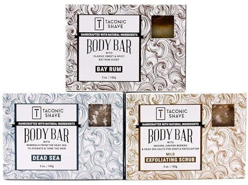 Taconic Shave, Natural Body Soap Bar Variety Pack mit 3 Riegeln – Je 1 Riegel Bay Rum von Taconic, Peeling und Salz aus dem Toten Meer, handgefertigt in den USA