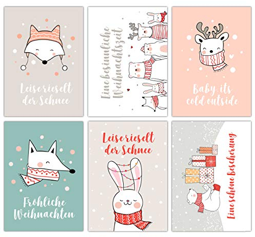 Papierdrachen Weihnachtskarten Set - 12 liebevoll gestaltete Postkarten zu Weihnachten - Kunstdruck zum Verschicken, Pakete dekorieren und Sammeln - Set 14 Weihnachtsfreunde
