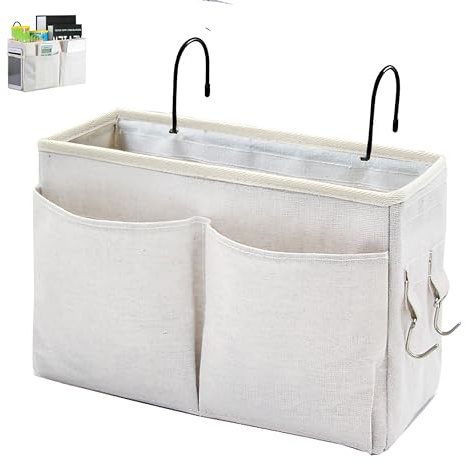 Someteth Bett-Aufbewahrungstasche zum Aufhängen, seitlich, für Etagenbetten, Krankenhausbetten, Studentenwohnheime, Bettgitter, Bücher, Brillen, Handys, Zeitschriften (Weiß)