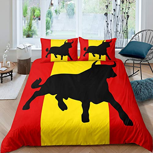 Loussiesd 3D Rinder Bettwäsche Set Schwarz Gelb Rot Spanien Bettbezug Set Kinder Jungen Mädchen 135x200 cm Microfaser Betten Set mit Reißverschluss und 1 Kissenbezug 80x80 cm