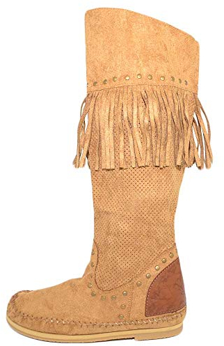 Stivali Donna Estivi Indianini Cuoio forati freschi con Frange Lunghe Borchie Fondo in Gomma e Paglia Moda Ibiza (39 EU)