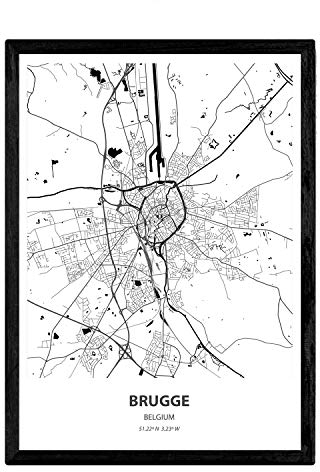 Nacnic Poster mit Karte von Brugge - Belgien. Blätter von Städte von Holland und Belgien Meere und Flüsse in schwarz und weiß. A3