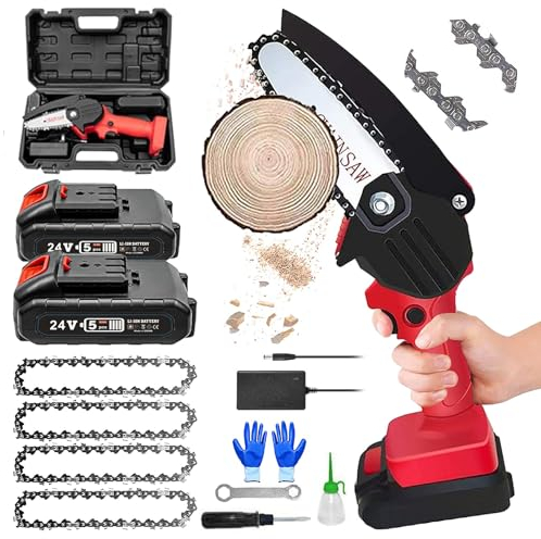 Mini Motosega a Batteria per Potatura [Versione Aggiornata] con 2 Batterie, Chiusura di Sicurezza e 4 Catena, Seghetto Elettrico per legno,red