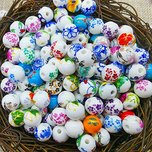 100 Piezas Cuentas de Cerámica Redondas Cuentas, Abalorios de Cerámica Redondos, Pulsera de Cuentas Redondas de Cerámica, para Hacer Joyas, Pulseras, Colgantes, Manualidades