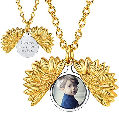 FOCALOOK Damen Fotoanhänger Kette personalisiert Foto Bilder Medaillon zum Öffnen platiniert Namen Gravur Sonnenblume Anhänger Halskette Modeschmuck Accessoire für Ehefrau Freundin