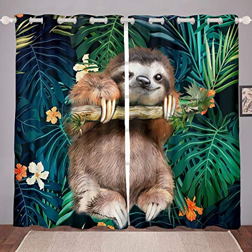 Kinder Niedliches Faultier Fenstervorhang 175x140cm Karikatur Tier Blickdichte Vorhänge Dekor für Mädchen Lustiges Fabeln Faultier Tropische Blätter Blumendruck Vorhang 2er Set Naturthema Raumdekor