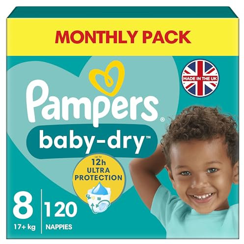 Pampers Baby-Dry Size 8, 120 Nappies, 17kg+, Monthly Pack, Up to a 100% Leak-Free & Comfortable Night-