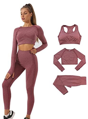 DONYKARRY Damen 3-teiliges Nahtloses Trainingsanzug Yoga Outfit Jogginganzug Set Freizeitanzug(Weinrot,M)