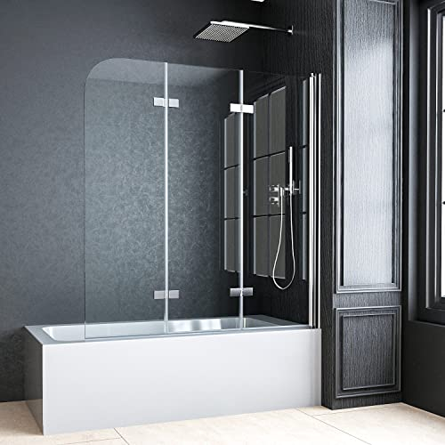 WOWINNE Duschwand für Badewanne 130x140 CM Badewannenaufsatz Duschwand 3-teilig Faltbar 5mm ESG Sicherheitsglas Duschabtrennung Badewanne