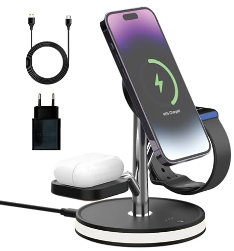 PUCHIKA 4 in 1 Wireless Charger, Kabelloses Ladegerät mit MagSafe für iPhone14/13/12/Pro, Induktive Ladestation für Apple Watch 8/7/6/5/4/3/2/SE, Magnetic Stand for AirPods 3/2/Pro (Schwarz)