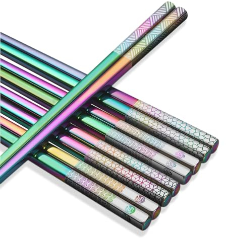 Palillos metálicos reutilizables palillos de acero inoxidable18/8 tallas láser palillos de alta calidad lavavajillas palillos japoneses y coreanos palillos 5 pares juegos de regalos(Arco Iris)