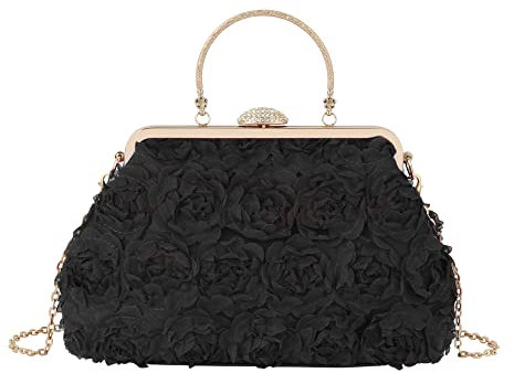 MilyaDE Damen Clutch Blumen Elegante Brauttasche Hochzeit Party Kleidertasche Abendtasche Handtasche mit Kette Handgriff Kiss Lock, Schwarz