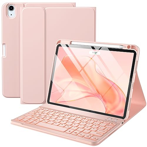 Vobafe Case with Keyboard for iPad Air 11 inch 2025 2024 M3 M2/iPad Air 5 4 2022 2020 10,9 inch, 7 Color Backlight Wireless Detachable Folio Keyboard Cover with Pencil Holder, UK Layout, Pink